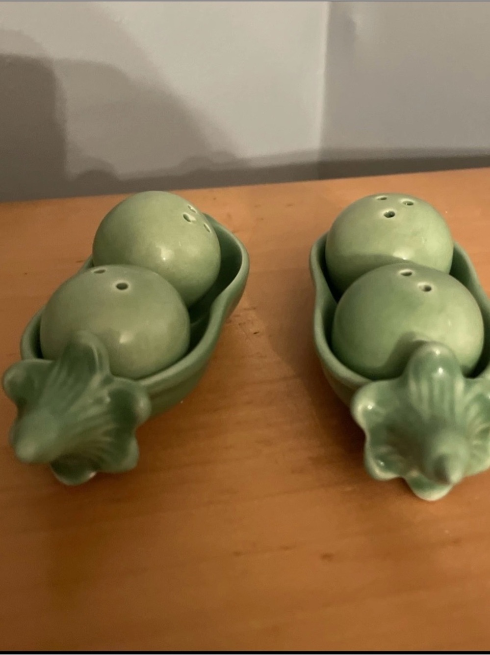 Vintage Ceramic Pea Pod Salt & Pepper Shakers - Sage Green With Stoppers
